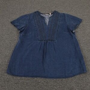 Soft Surroundings Tunic Top Womens Medium Blue Tencel Denim Short Sleeve Pleated